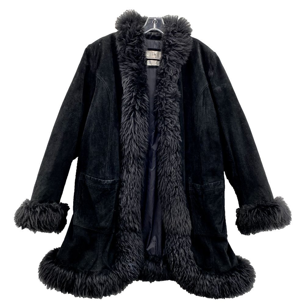 VTG Danielle Martin Suede Leather Coat Women's Lamb Fur Trim Winter Y2k Gala